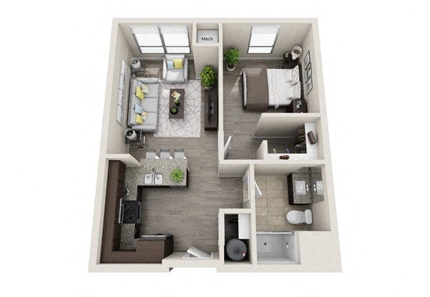 Floor plan for 1 bed, 1 bath, 585 sqft